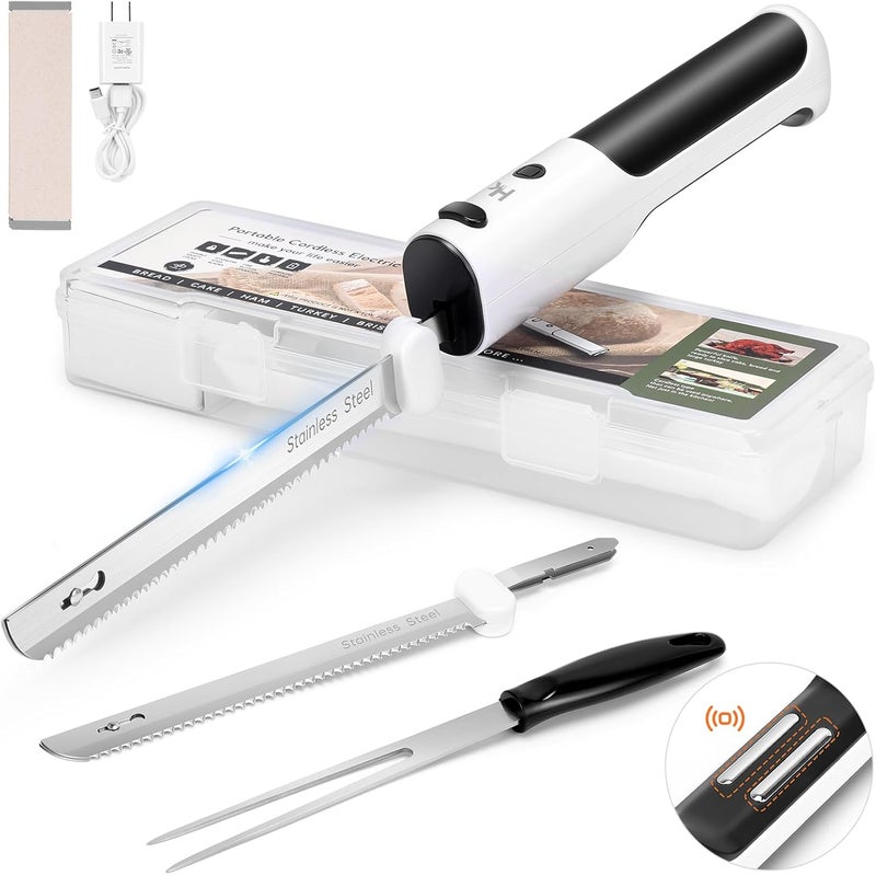 H & K Cordless Electric Knife for Carving Meats, Poultry, Bread, Crafting Foam & More, Included Dual 304 Stainless Steel Blades, Fork, Foldable Cutting Board - Image 1